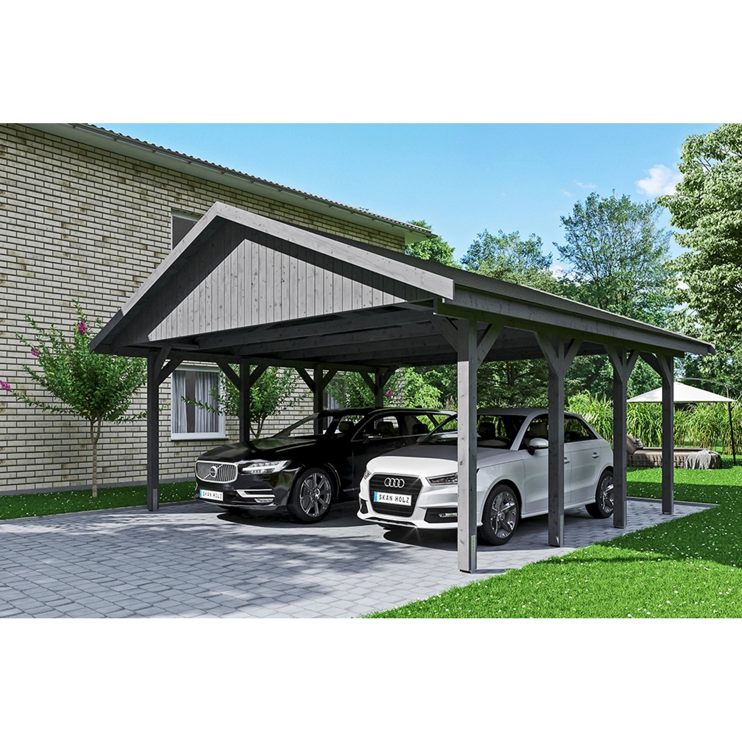 Satteldach-Carport Wallgau Schiefergrau 620 x 600 cm schwarze Schindeln