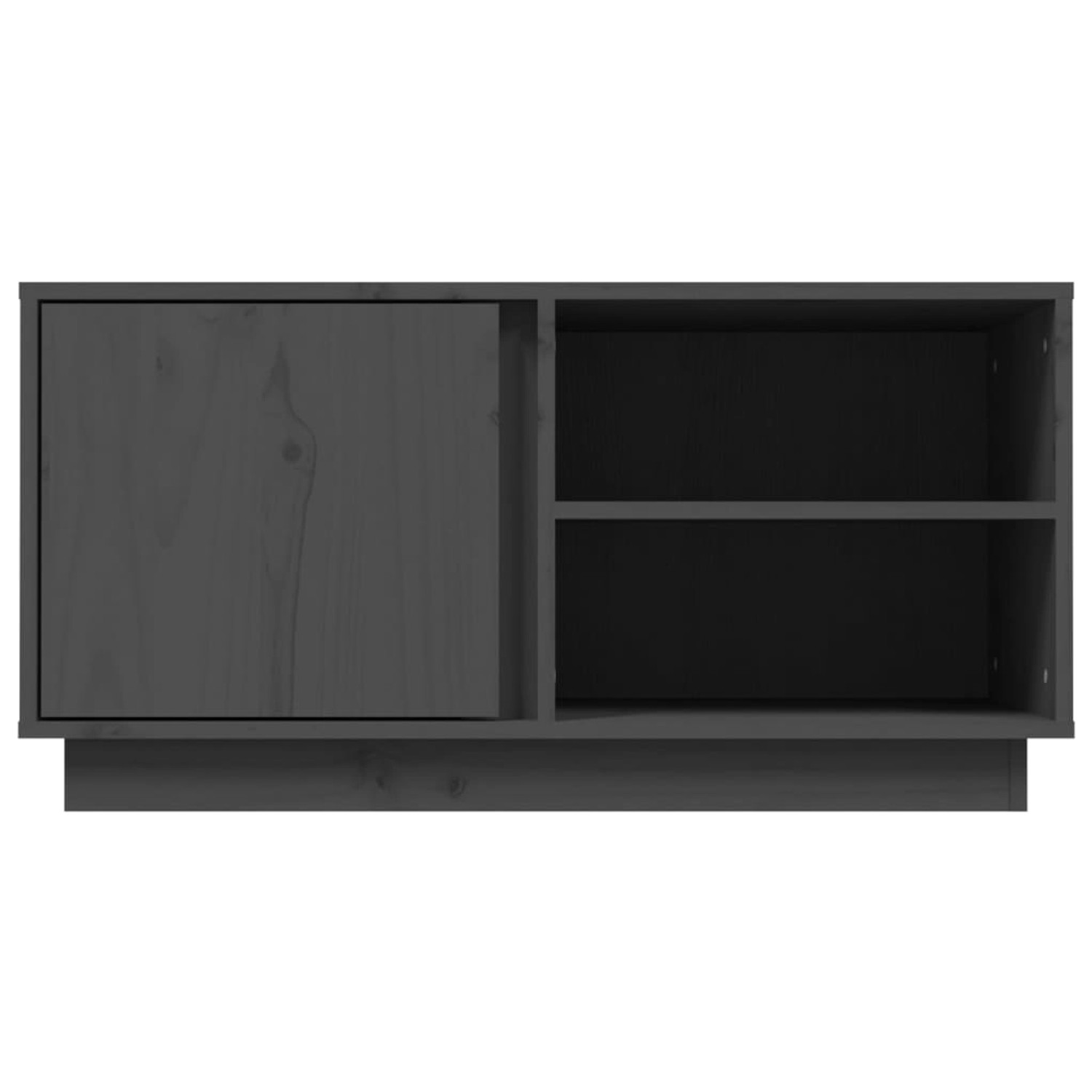 Grauer TV-Schrank aus Kiefernholz (80 cm) mit Tür und offenen Fächern für Wohnzimmer.