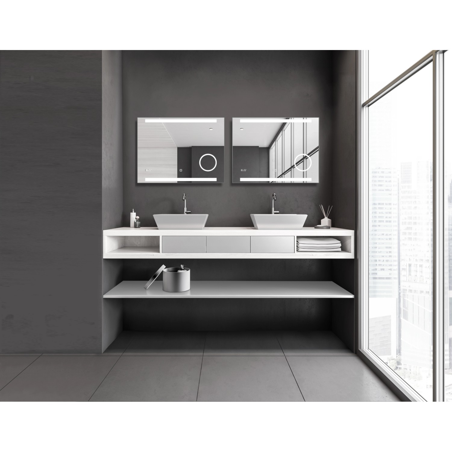 DSK Design LED-Lichtspiegel Silver Conde, 80x60 cm, im modernen Badezimmer.