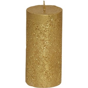 Goldene Stumpenkerze, Ø 58x120mm, glänzend lackiert für edle Optik. Dekorative Kerze für Innenräume.