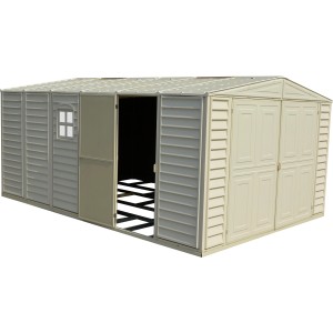 Geräumiges Duramax Kunststoff-Gartenhaus WoodBridge, 15,3 m², mit Doppeltür und Fenster.