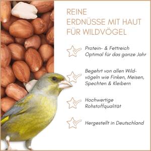Supravit Erdnüsse mit Haut als Wildvogelfutter, mit grünem Vogel.