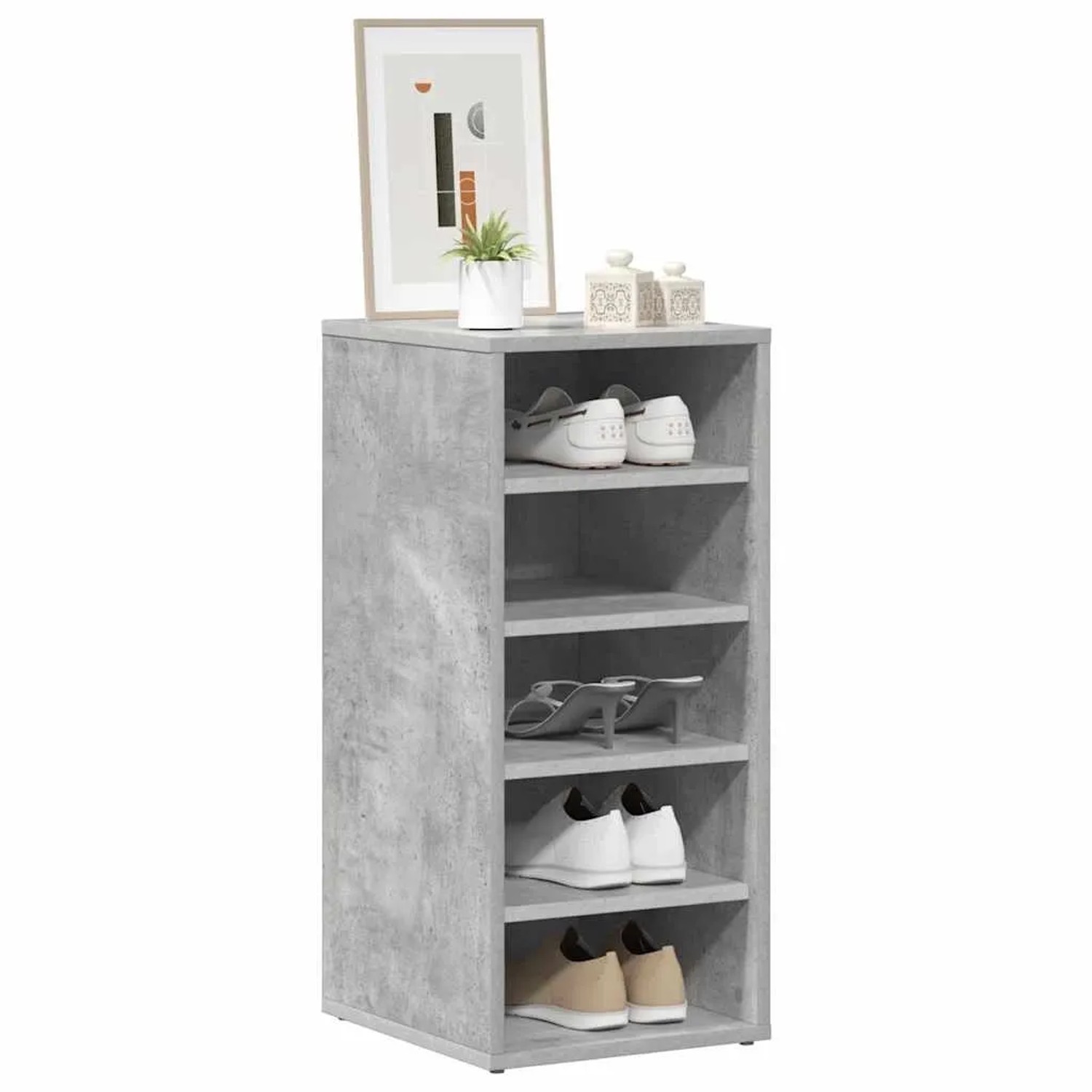 Betongrauer vidaXL Schuhschrank aus Holzwerkstoff mit 5 offenen Fächern für Schuhe. Ideal für Flur oder Schlafzimmer.