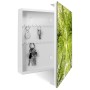 Weißer Schlüsselkasten mit Glasfront, Motiv "Zwischen Bäumen", 50 Haken, magnetisch und beschreibbar.