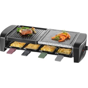 Severin Raclette-Grill RG 9645 mit Grillstein, belegt mit Fleisch, Gemüse und Käse.