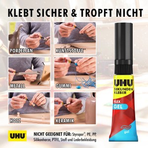 Uhu Sekundenkleber Geruchsfrei Superflex Gel 3g Tube mit Anwendungsbeispielen.