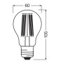 Skizze einer Osram LED Lampe E27 A100, Glühlampenform mit Maßen 10,5 cm x Ø 6 cm.