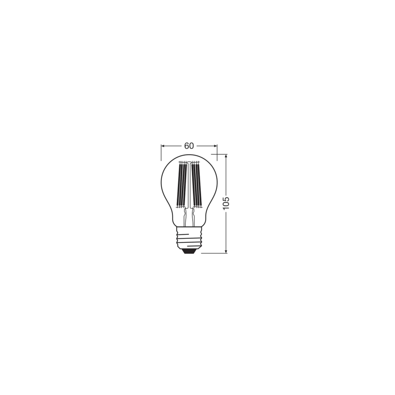 Skizze einer Osram LED Lampe E27 A100, Glühlampenform mit Maßen 10,5 cm x Ø 6 cm.