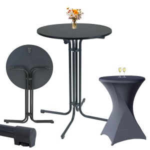 Anthrazitfarbener, klappbarer Stehtisch (Ø 80cm) mit Husse im Set.