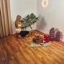 Frau setzt künstlichen Weihnachtsbaum Nagano (150cm) mit Kunstschnee auf Ständer.