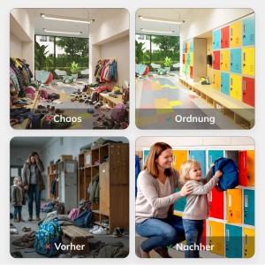 Jan Nowak Schließfachschrank OLA: Vorher/Nachher-Vergleich mit bunten Fächern für Kita/Schule.