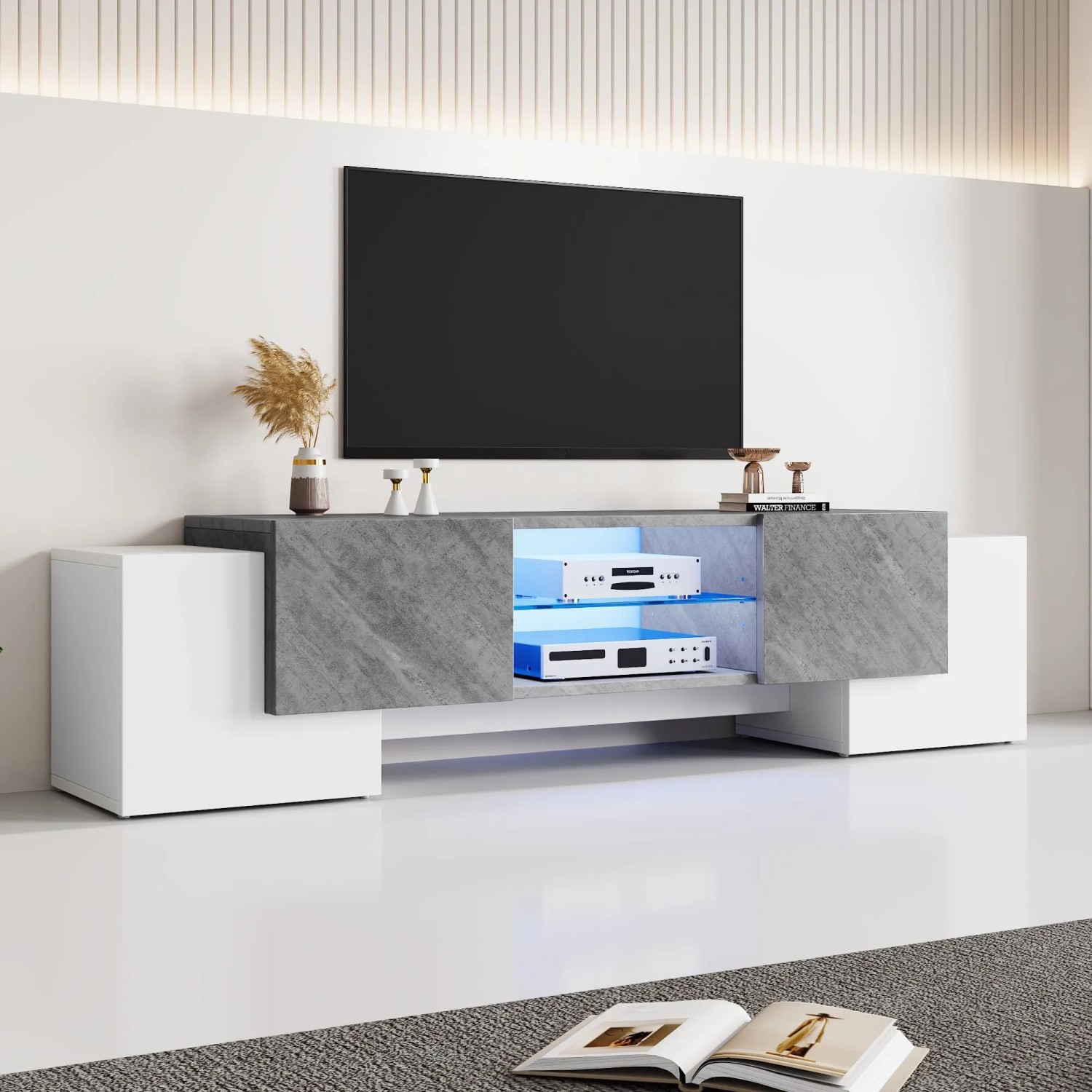 Merax TV Lowboard 180x40x46 cm Bluetooth LED Weiß Grau Für 70 Zoll TV