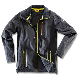 Schwarze Bullstar Light-Softshelljacke Ultra, Größe XL, mit gelben Reißverschlüssen und Reflexelementen.