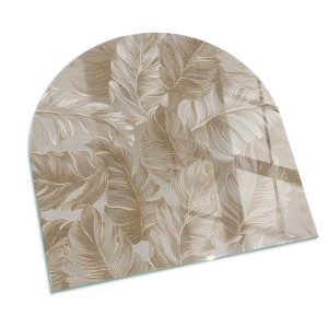 Halbkreisförmige beige Glasplatte mit dezentem Blättermuster als Bodenschutz für Kaminöfen. Gehärtetes Glas.