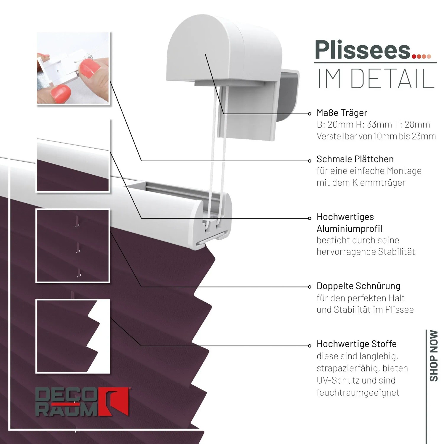 Detailansicht: Violettes Deco-Raum Plissee Basic 95x210cm mit Klemmfix-Montage.