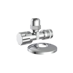 Chromfarbenes Kirchhoff Eckventil, selbstdichtend, mit Rosette. Anschluss 21 mm (1/2AG).