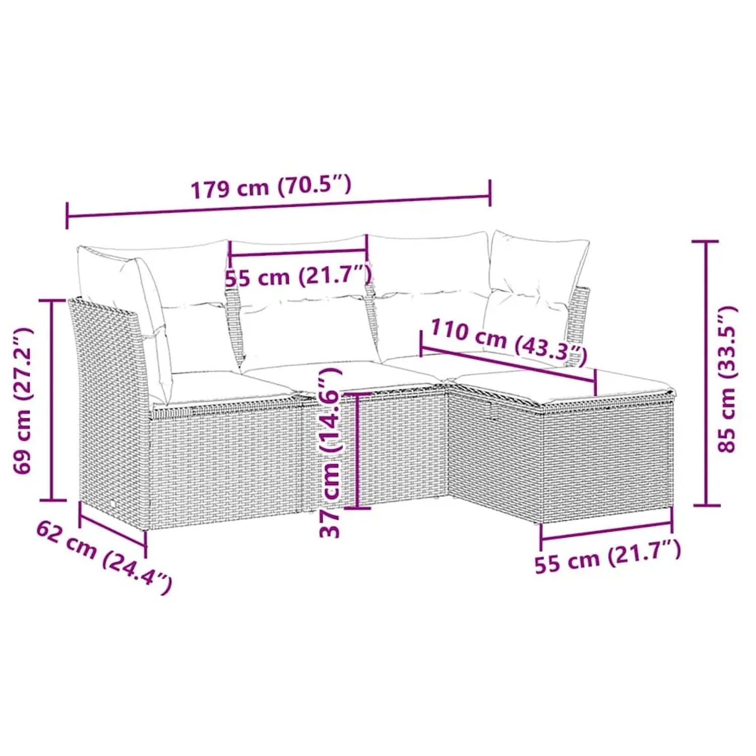 vidaXL 4-Tlg. Garten-Sofagarnitur, hellgraues Poly Rattan, Maße mit Bemaßung