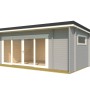 Lichtgraues Lasita Maja Gartenhaus Java mit großer Fensterfront und Pultdach.