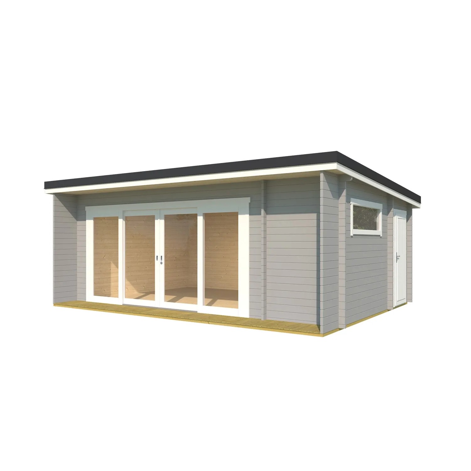 Lichtgraues Lasita Maja Gartenhaus Java mit großer Fensterfront und Pultdach.