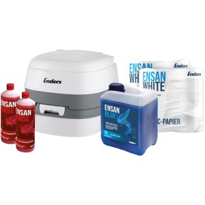 Enders Campingtoiletten Starter-Set: Campingtoilette, Ensan Blue, Ensan Rinse und Toilettenpapier.