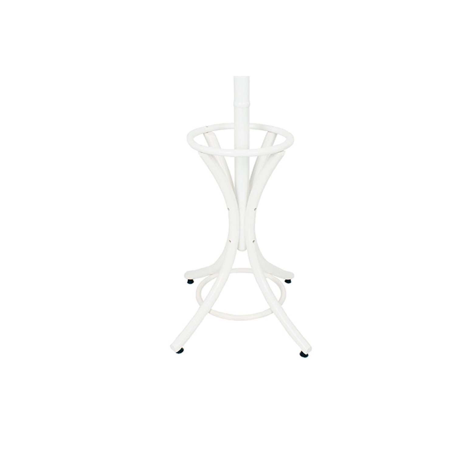 Weißer, freistehender Garderobenständer aus Holz mit Regenschirmständer und drehbarer Krone.