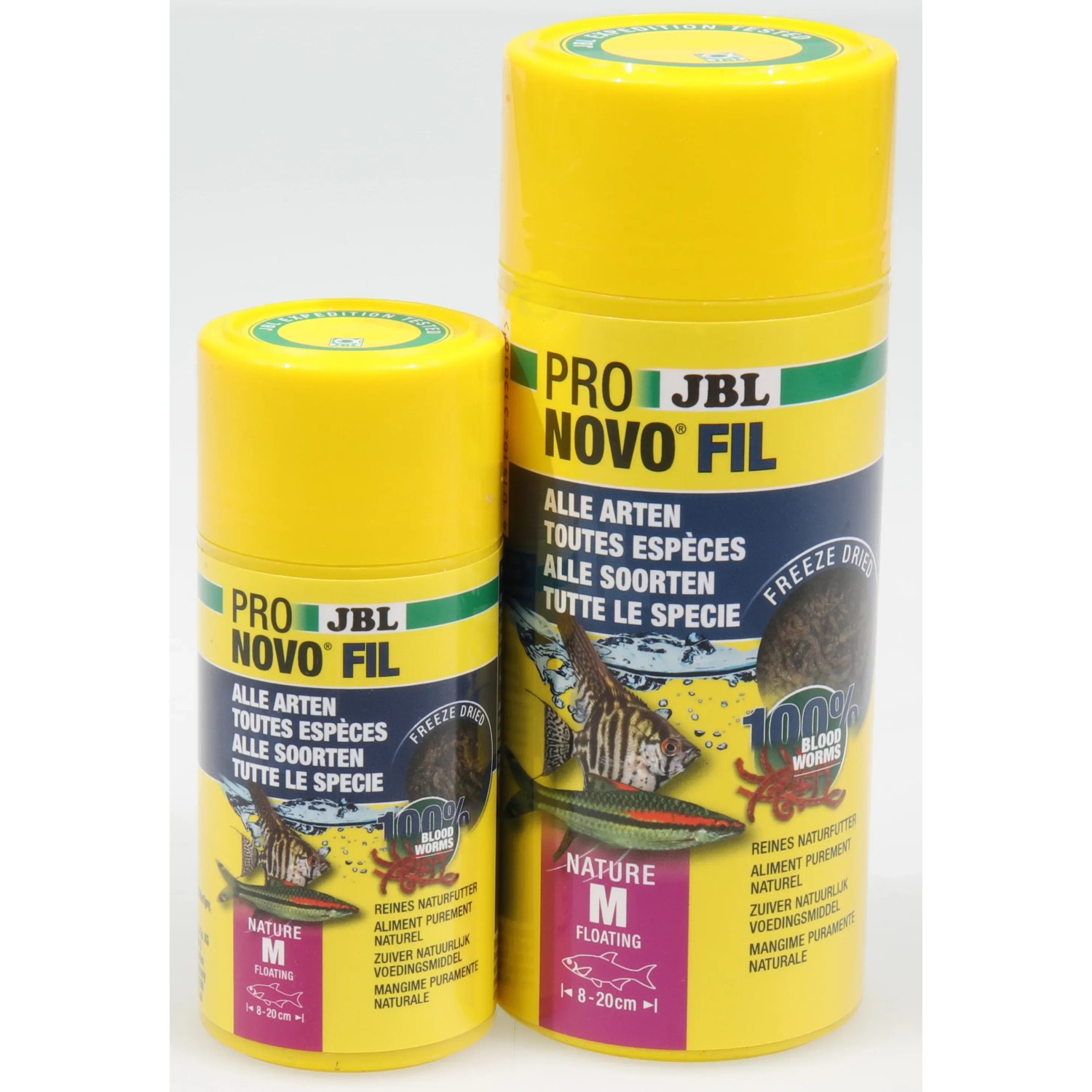 Jbl Pronovo Fil Fischfutter, gefriergetrocknete Mückenlarven in gelber Dose, zwei Größen.
