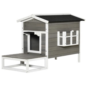 PawHut Katzenhaus mit Terrasse und Balkon, grau-weiß, aus Holz.
