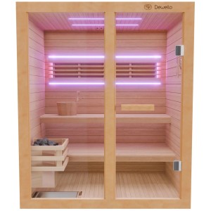 Finnische Sauna Tofino 160x150 mit Harvia Ofen und Aufguss-Set, Hemlocktanne, Innenansicht mit Bänken und Beleuchtung.