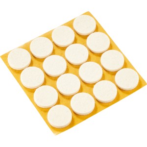 16 selbstklebende Parkettgleiter, Ø 22 mm, aus Wollfilz zum Schutz empfindlicher Böden.