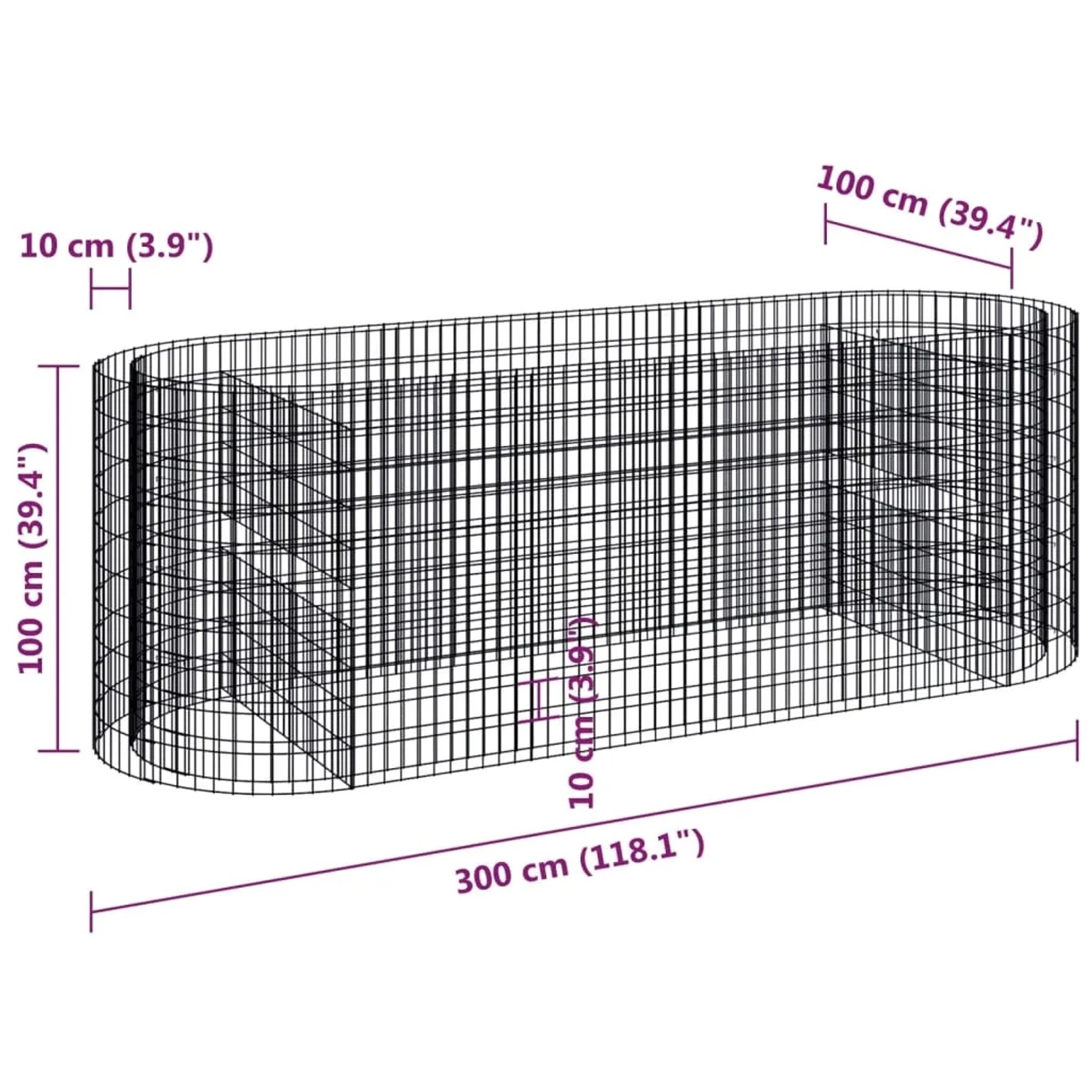 Leerer, silberner Gabionen-Hochbeet-Korb aus verzinktem Eisen, 300x100x100 cm, Maschenweite 10x5 cm.