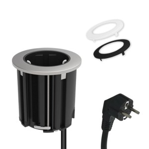 Kalb Einbausteckdose für Möbel, 54mm, mit 3 Blenden (schwarz, weiß, silbergrau) und EU-Stecker.