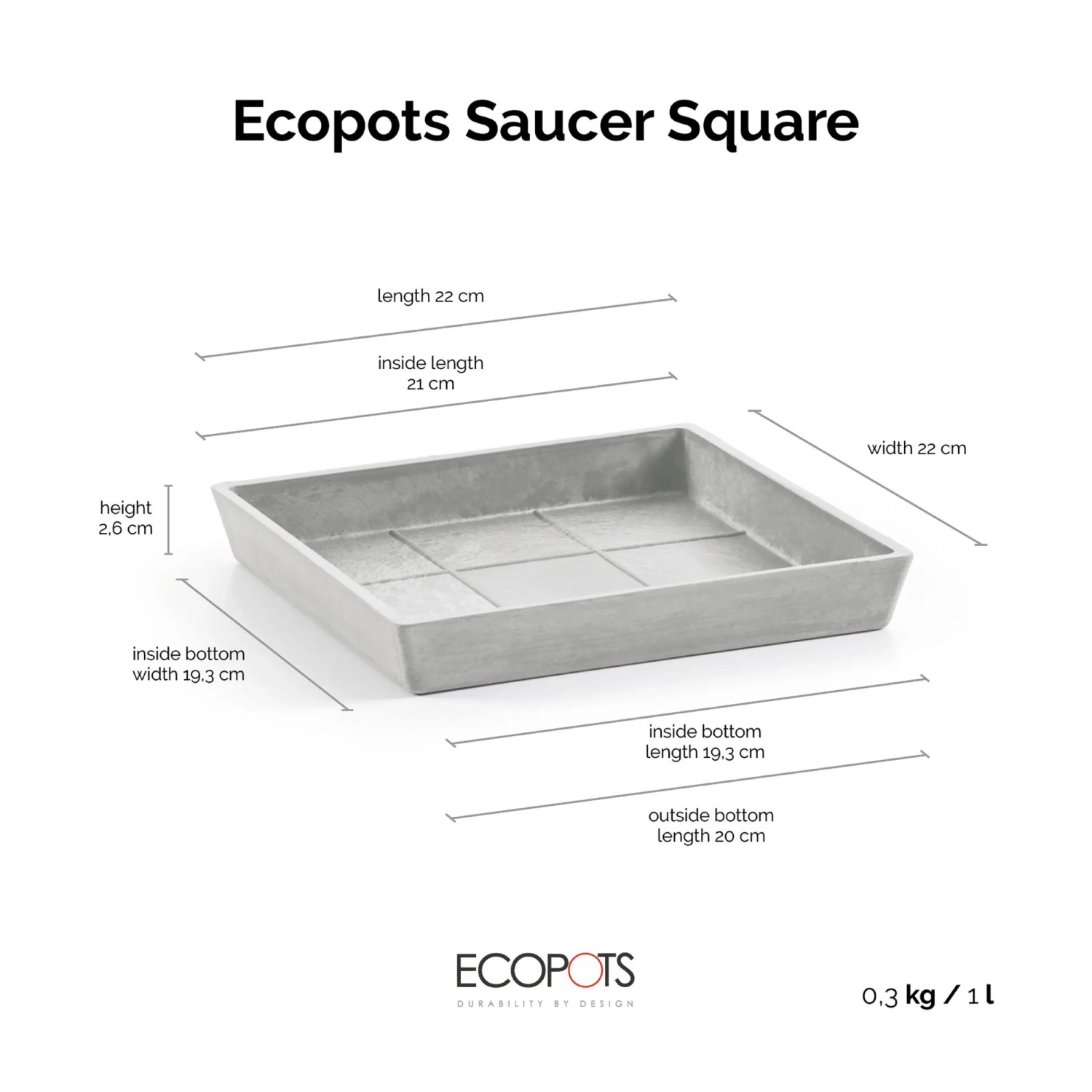 Ecopots Untersetzer Rotterdam, weißgrau, quadratisch, 22 cm. Für Innen- und Außenbereich.