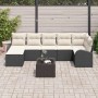 Schwarzes 8-tlg. vidaXL Garten-Sofa-Set aus Poly Rattan mit Tisch und cremefarbenen Kissen.