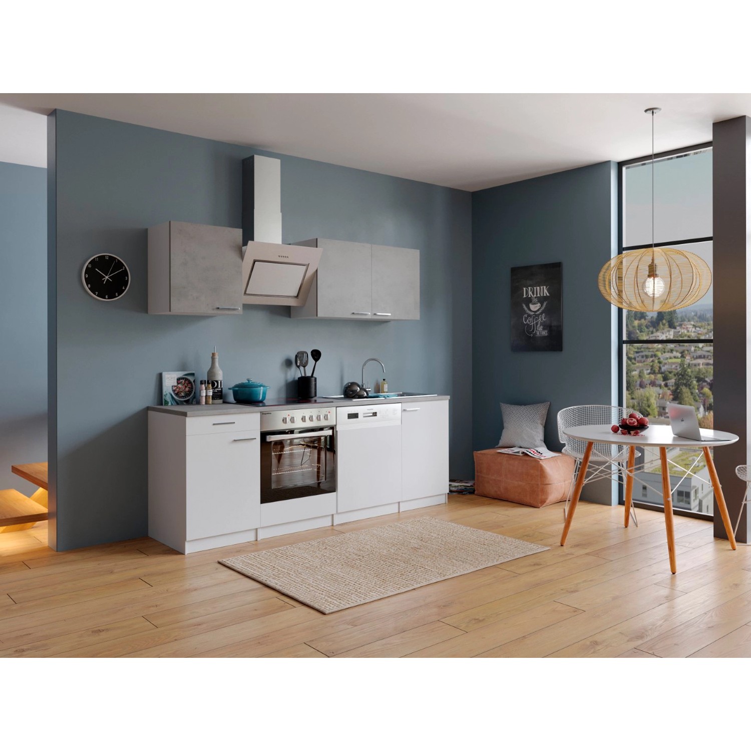 Respekta Economy Küchenzeile KB210WWBSC 210 cm Weiß-Beton Optik günstig online kaufen
