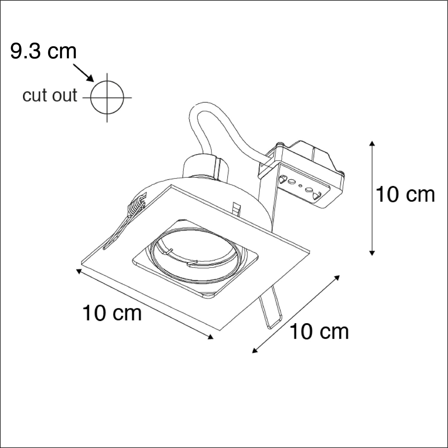 Technische Zeichnung: QAZQA Einbaustrahler Artemis, quadratisch, Messing, Maße 10x10 cm, Ausschnitt 9,3 cm.