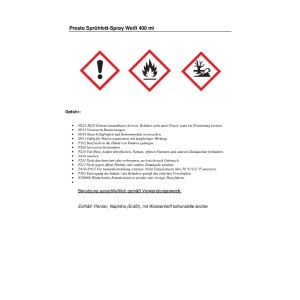 Sicherheitshinweise für Presto Sprühfett-Spray Weiß 400ml: Gefahrensymbole und Warnhinweise beachten.