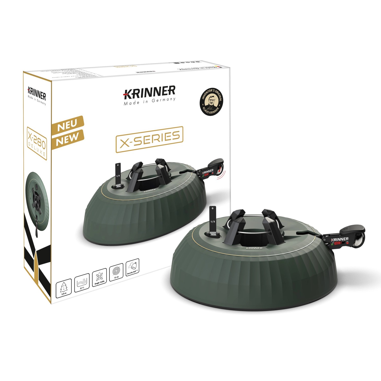 Krinner X-280 Deluxe Christbaumständer, grün, mit Sicherheitsfußpedal und Wasserstandsanzeige.