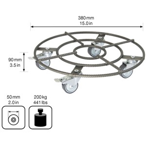 Anthrazitfarbener Wagner Pflanzenroller GH 0947 mit Stahlrahmen und Rollen, Durchmesser 38 cm.