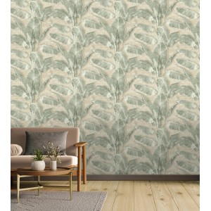 Rasch SK-Tapete Tesa 371727 Cuba mit grünen Bananenblättern auf beigem Grund.