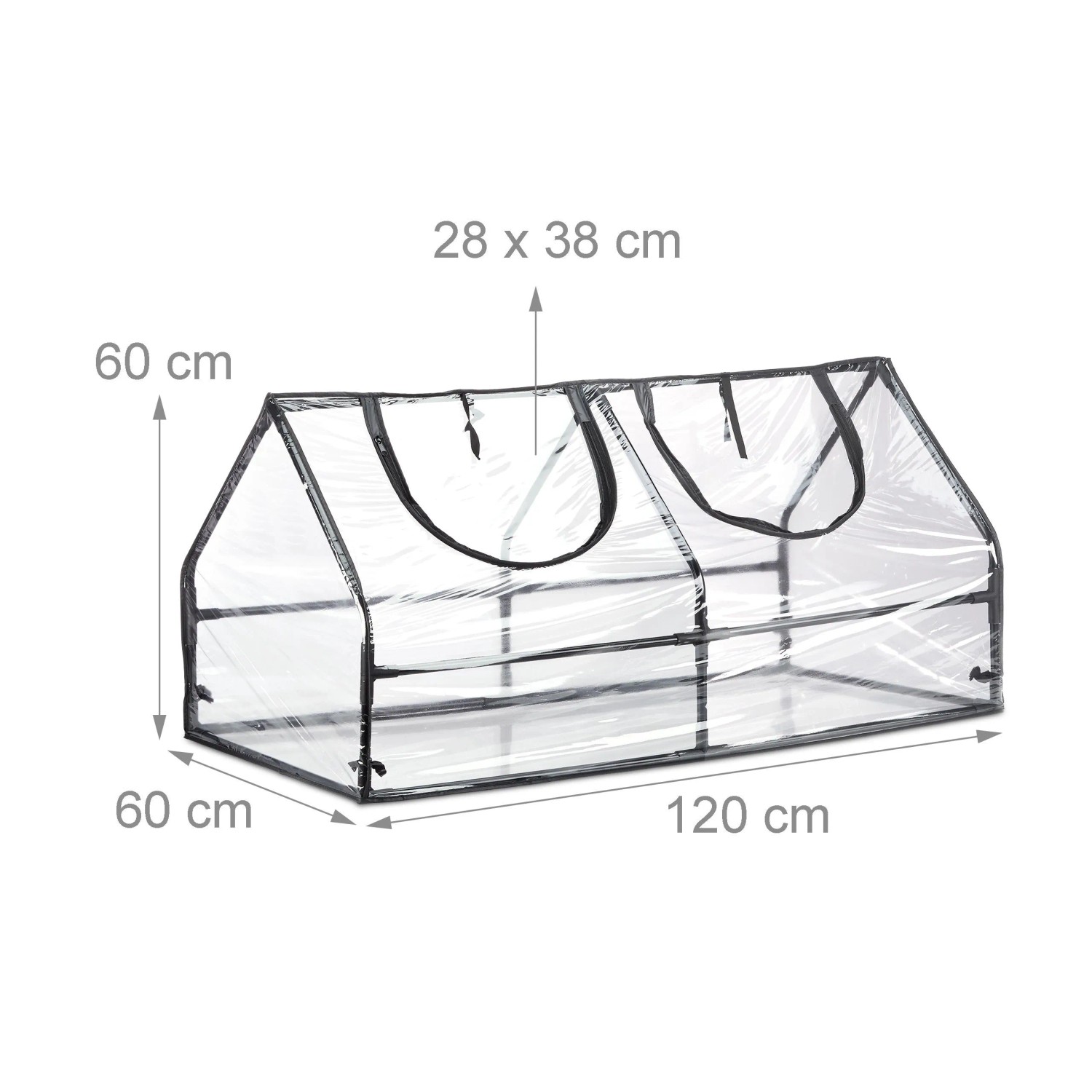 Transparentes Foliengewächshaus 60x120x60 cm mit schwarzem Metallrahmen und zwei Dachfenstern für die Pflanzenanzucht.
