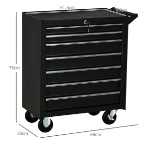 Schwarzer DURHAND Werkzeugschrank aus Stahl mit 7 Schubladen, Rollen und Griff, 69x33x75 cm.