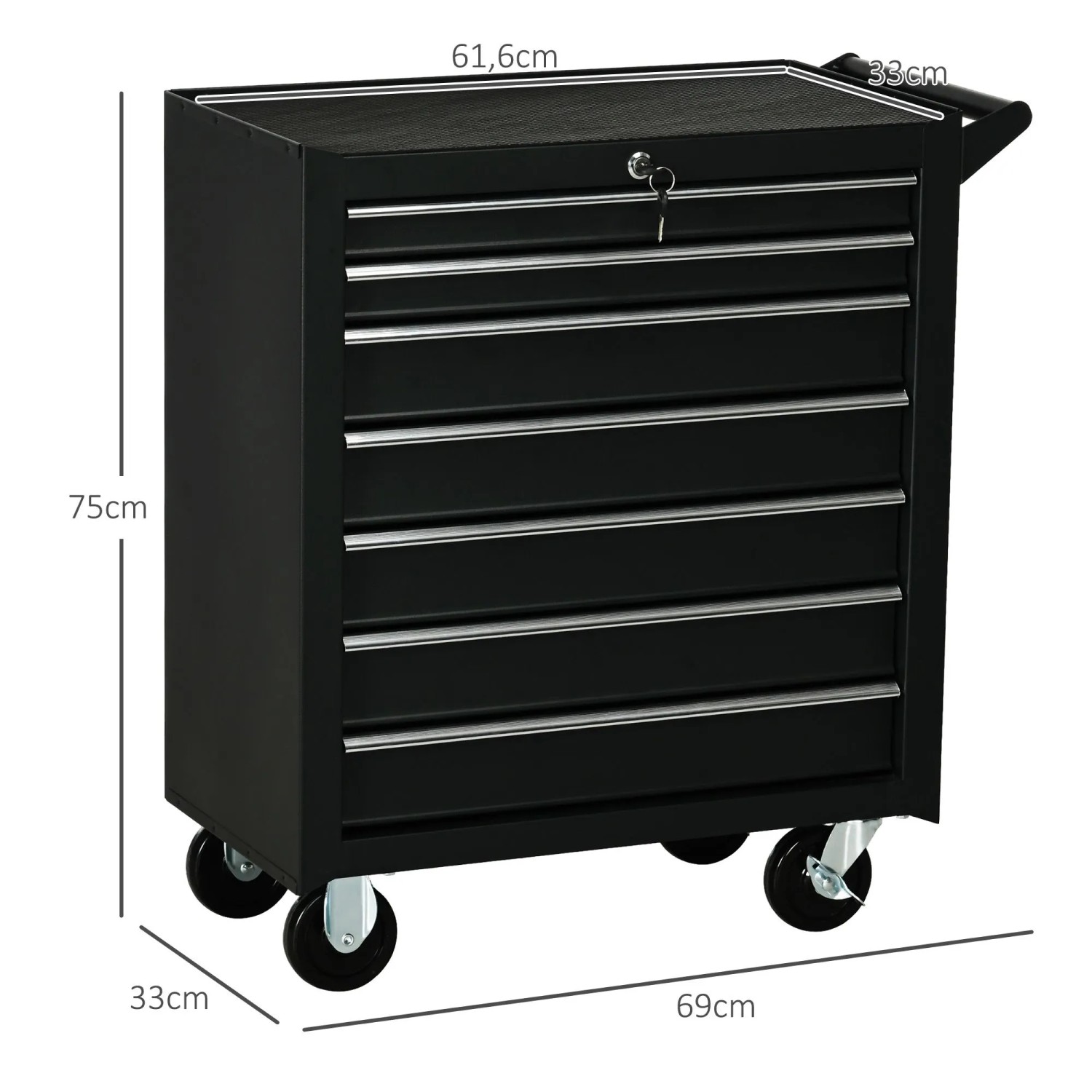 Schwarzer DURHAND Werkzeugschrank aus Stahl mit 7 Schubladen, Rollen und Griff, 69x33x75 cm.