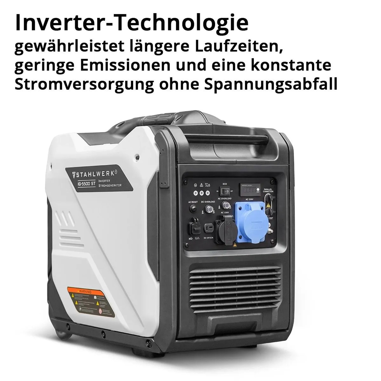 STAHLWERK IG 5500 ST Inverter Stromgenerator, weiß-grau, mit Tragegriff, Rädern und vielseitigen Anschlüssen. 5,5 kW Benzin.
