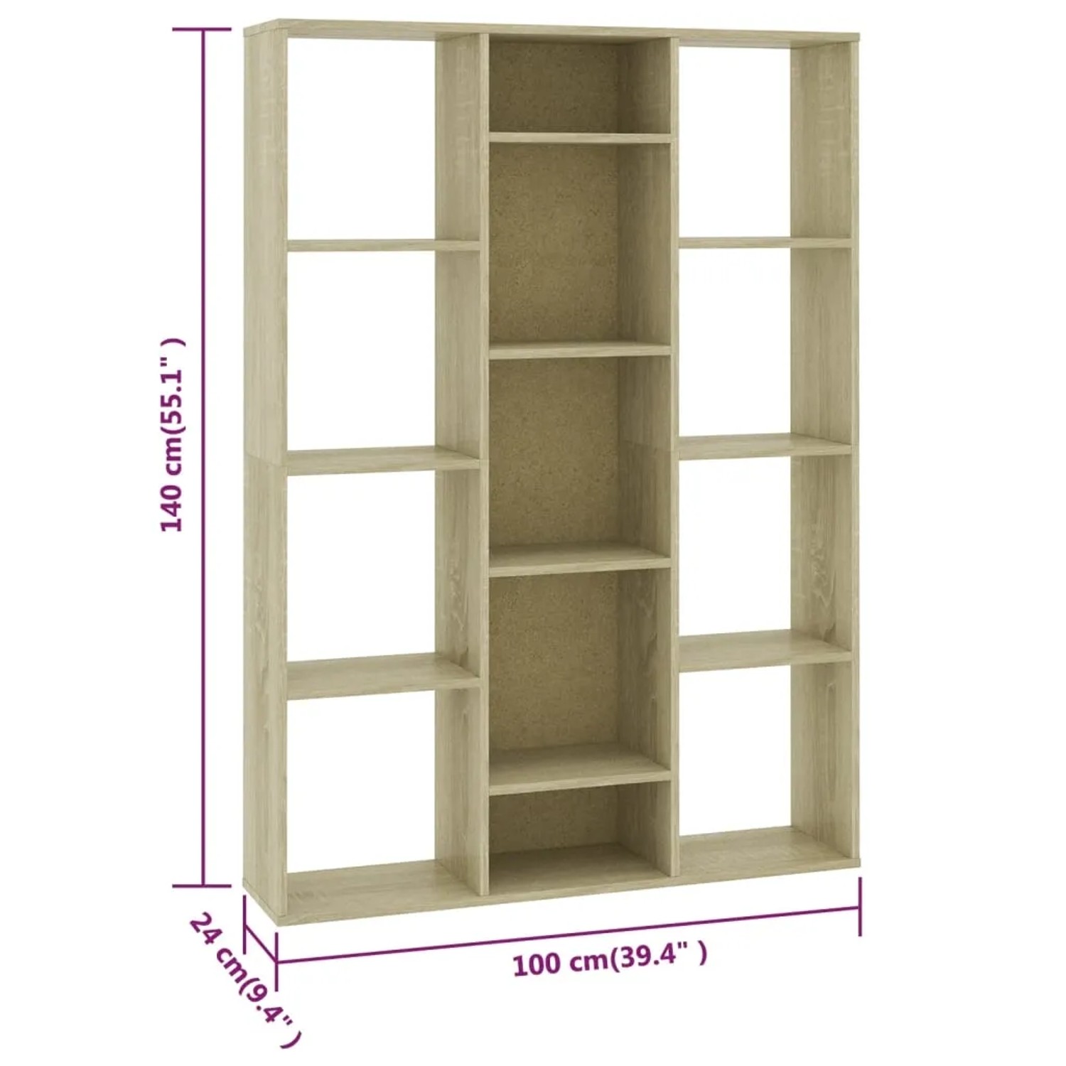 vidaXL Raumteiler/Bücherregal Sonoma-Eiche, 13 Fächer, 100x24x140 cm, Holzwerkstoff.