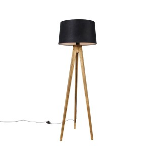 QAZQA Stehlampe mit Holz-Stativ und schwarzem Schirm, 45 cm. Innenleuchte im Vintage-Stil.