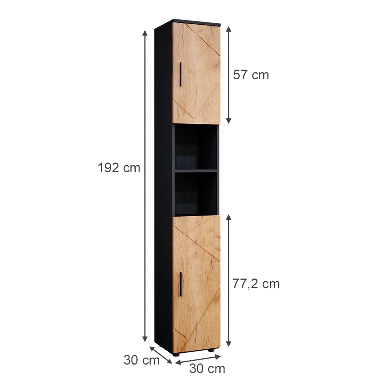 Vicco Badschrank Irma, anthrazit/Eiche, 30x192cm, mit Türen und offenen Fächern für Badartikel.