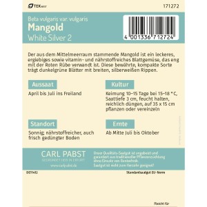 Pabst Keimkraft Mangold White Silver 2 Saatgut Packung für ca. 70 Pflanzen.