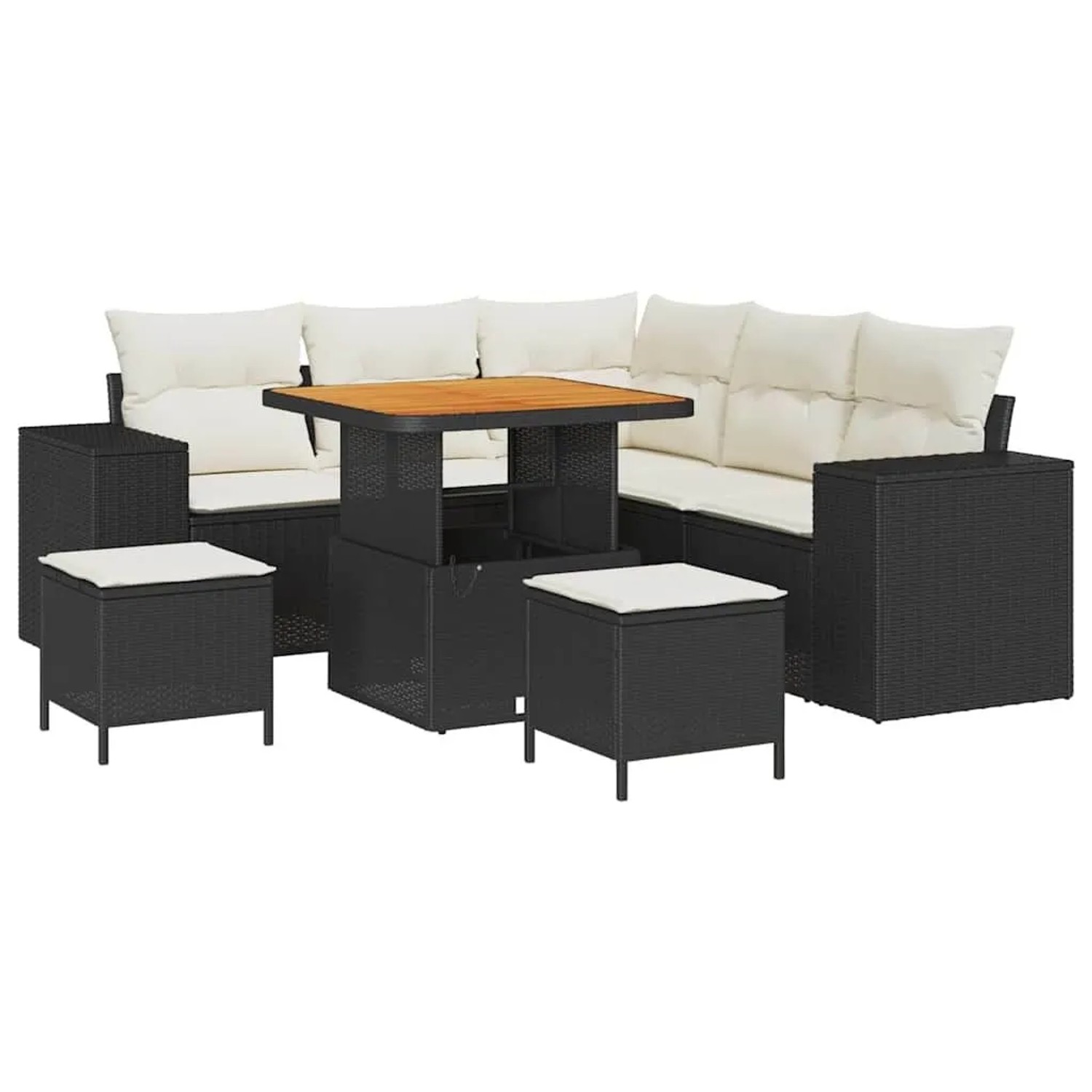 vidaXL Garten-Sofa-Set mit Kissen mit Speicher 8-Tlg Schwarz und Creme 3363950