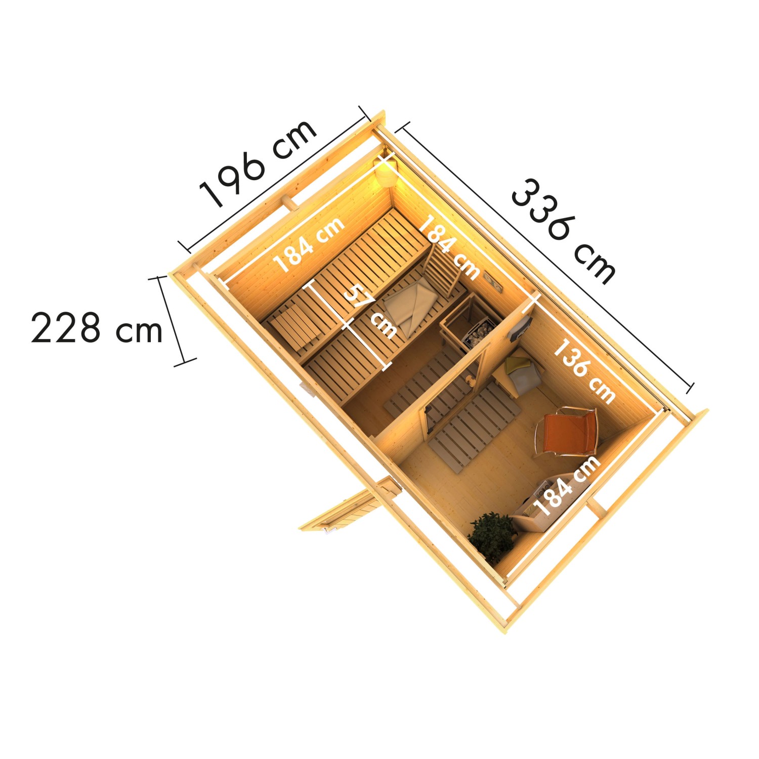 Draufsicht Karibu Saunahaus Hendrik 1 mit Ofen und Steuerung, Maße: 336x196x228cm, Bänke, Ofen, Zubehör.