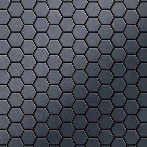 Graue Mosaikfliese aus Rohstahl in Wabenform, gewalzte Oberfläche. Ideal für Bad und Küche.